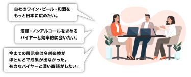 自社のワイン・ビール・和酒をもっと日本に広めたい。 | 酒類・ノンアルコールを求めるバイヤーと効率的に会いたい。 | 今までの展示会は名刺交換がほとんどで成果が出なかった。有力なバイヤーと濃い商談がしたい。