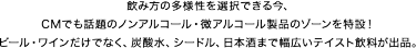   飲み方の多様性を選択できる今、  CMでも話題のノンアルコール・微アルコール製品のゾーンを新設！   ビール・ワインだけでなく、炭酸水、シードル、日本酒まで幅広いテイスト飲料が出品。