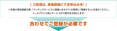 【 ご利用は、来場登録にてお申込みを！ 】 ※来場の事前登録の際、「マッチングサービスに登録しますか？」の質問に「登録する」とお答えください。  メールアドレス宛にサービスのご案内をお送りします。