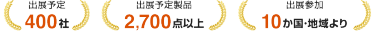 出展予定:400社 | 出展予定製品2,700点以上 | 出展参加:10か国・地域より